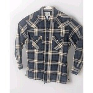 Vintage Flannel jacket Alaska 1959 Mens Medium Blue white Plaid Button Up
